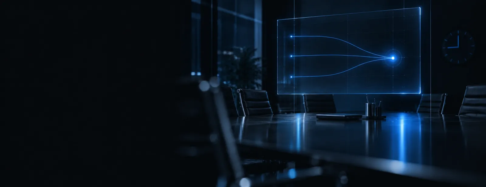 Mesa de juntas de vidrio con tres líneas de datos que convergen en un nodo azul